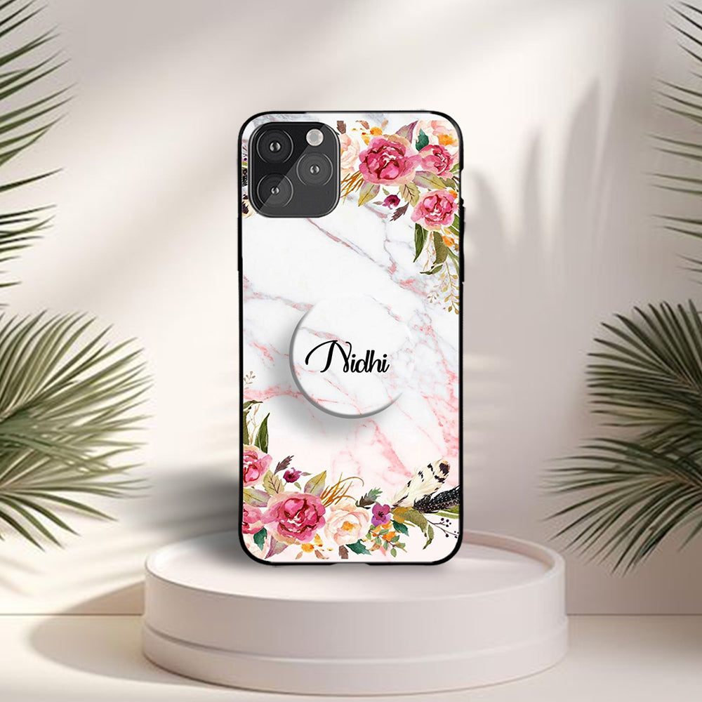 Gripper Case With White Marble Floral Name