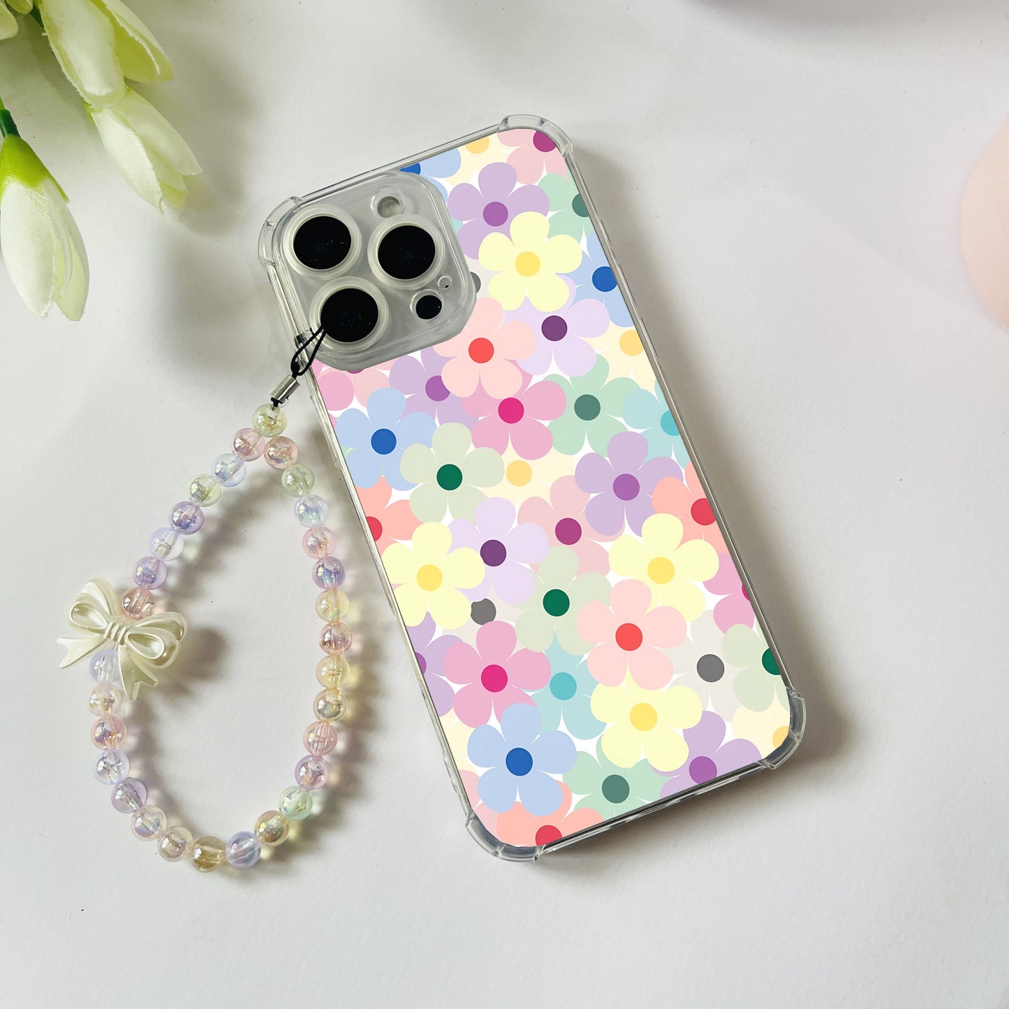 Colorful Flowers Phone Case With Multicolor Beads Bow Phone Charm