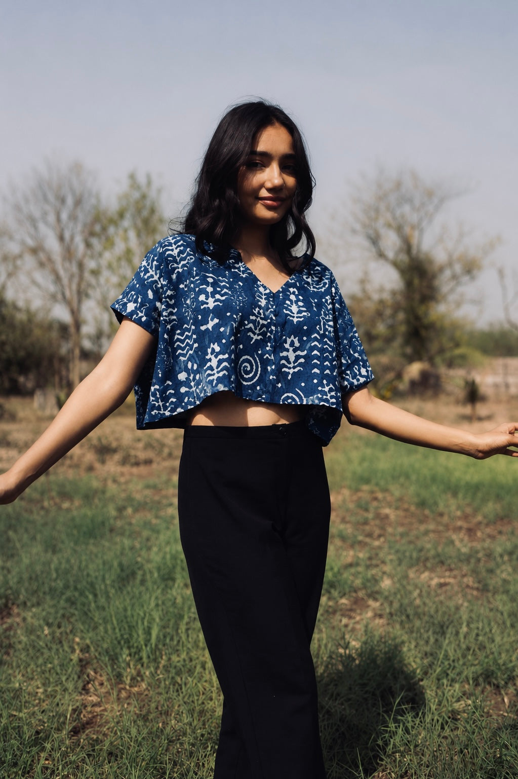 Indigo Block Printed Boxy V-Neck Crop Top