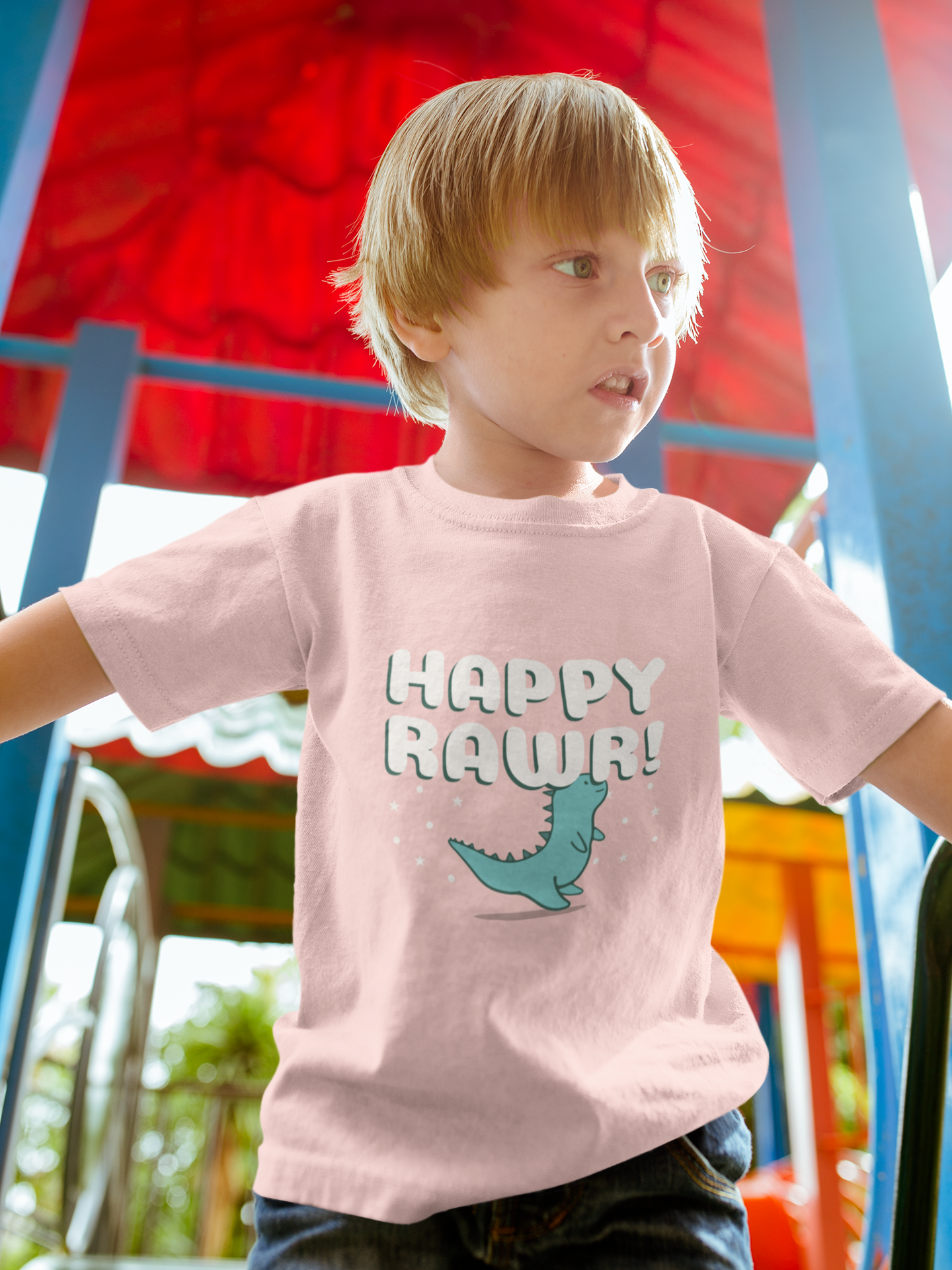 Happy Rawr Printed Light Pink Kids T-shirts