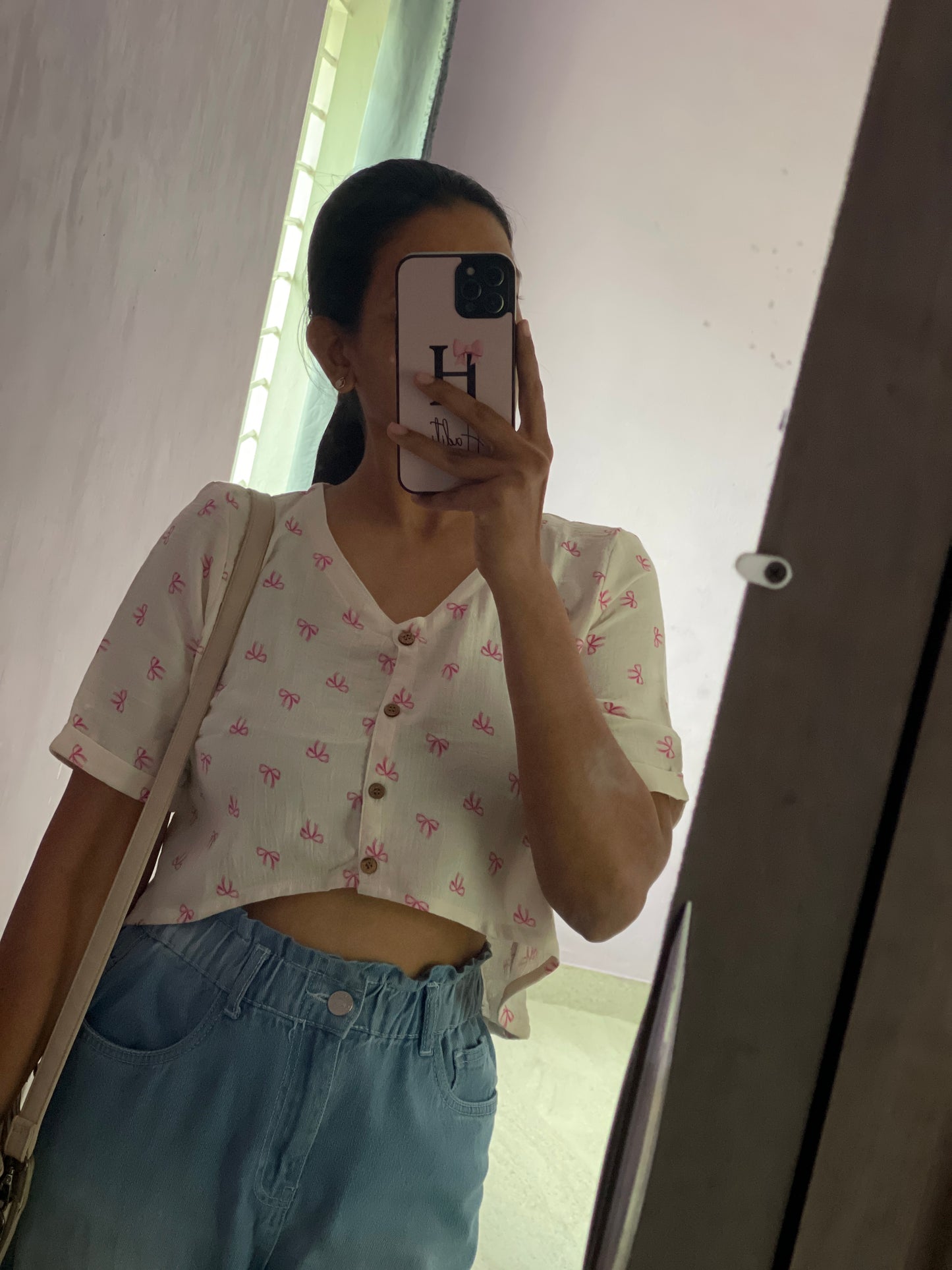 Pink Bow Muslin Asymmetric Crop Top