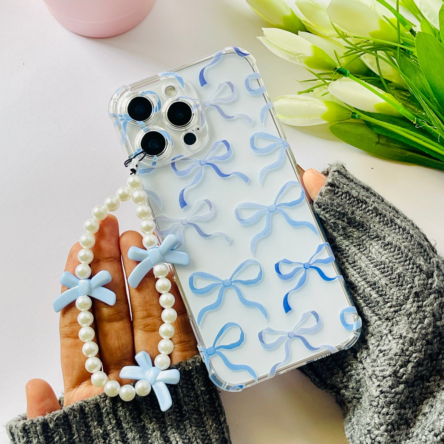 Blue Bows Clear Phone Case With Phone Charm
