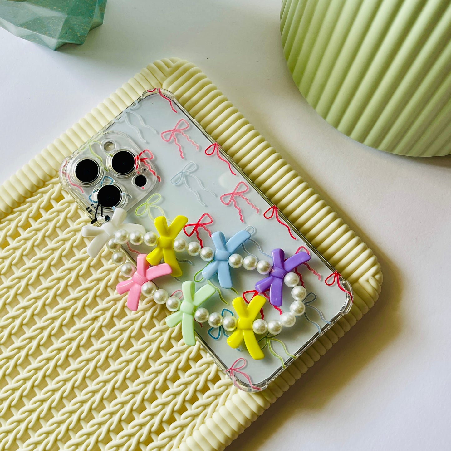 Multicolor Bows Clear Phone Case With Phone Charm