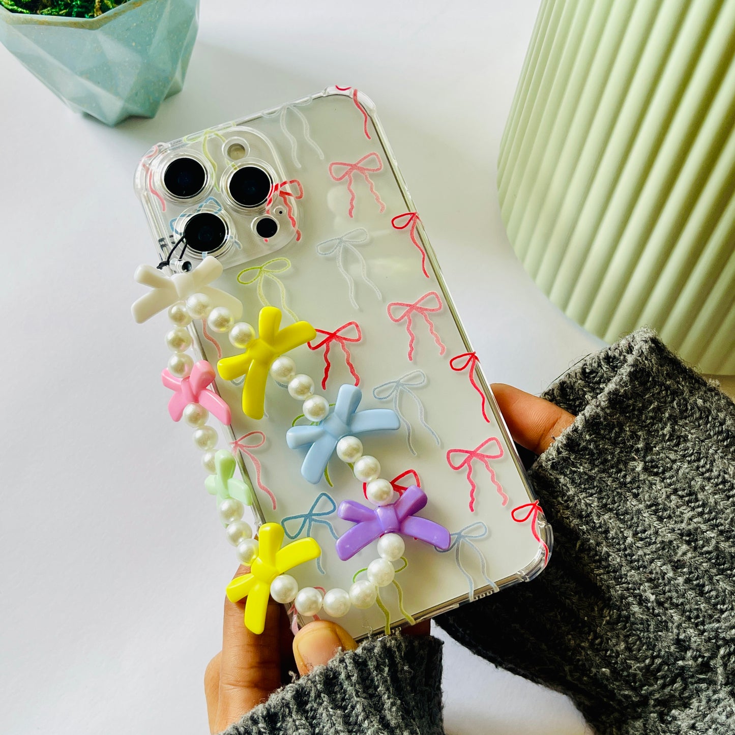 Multicolor Bows Clear Phone Case With Phone Charm