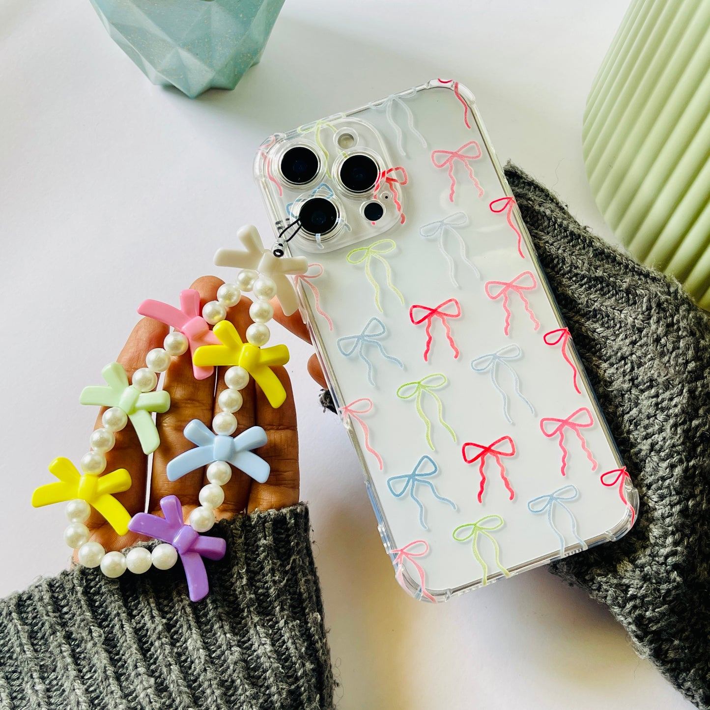 Multicolor Bows Clear Phone Case With Phone Charm