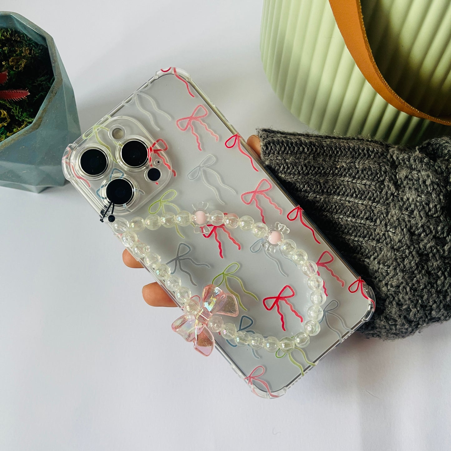 Multicolor Bows Clear Phone Case With Phone Charm