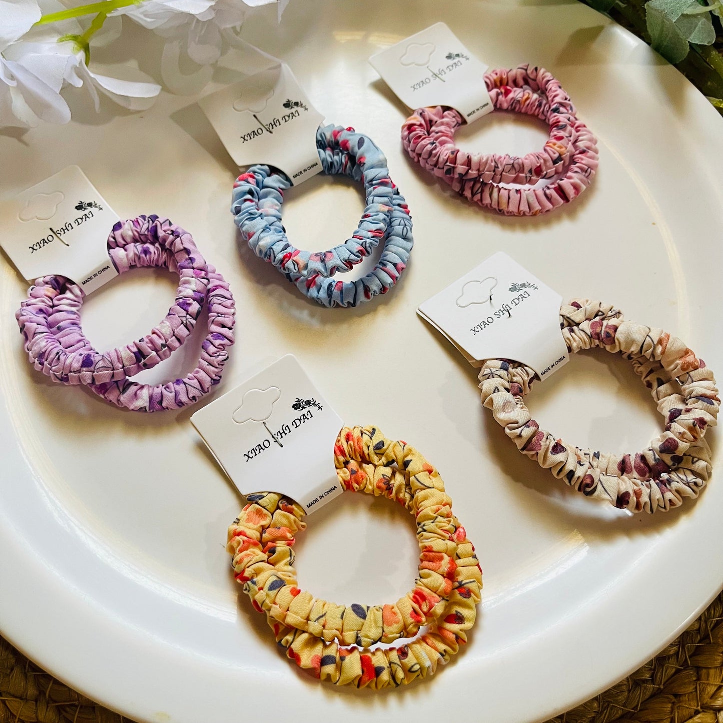 Pastel Floral Printed Mini Cotton Scrunchies