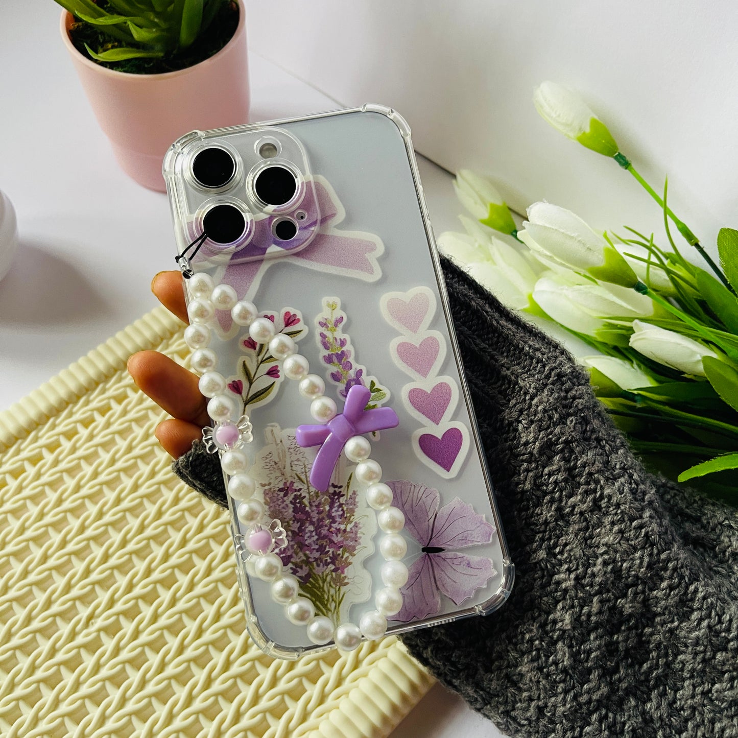 Aesthetic Lilac Clear Phone Case With Phone Charm