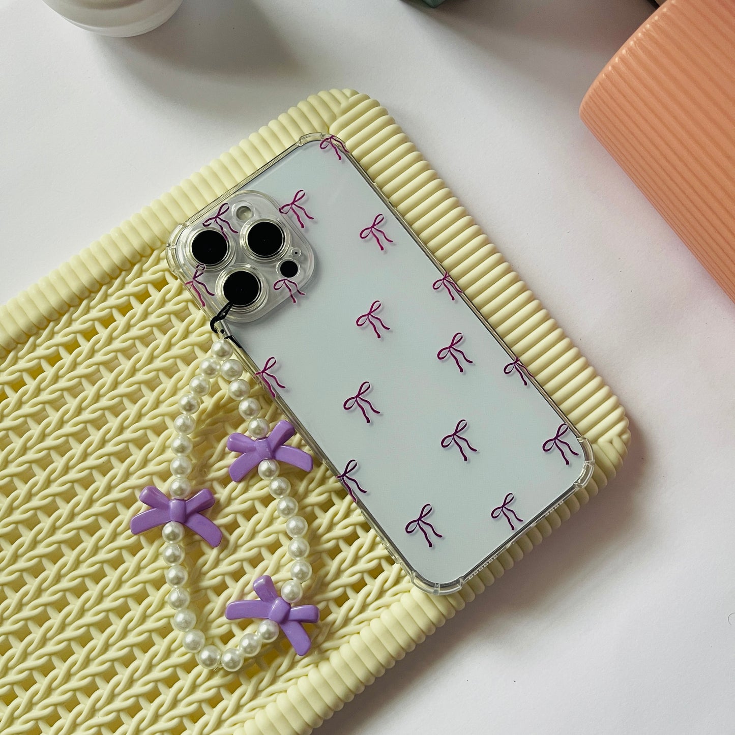 Purple Bow Clear Phone Case With Phone Charm