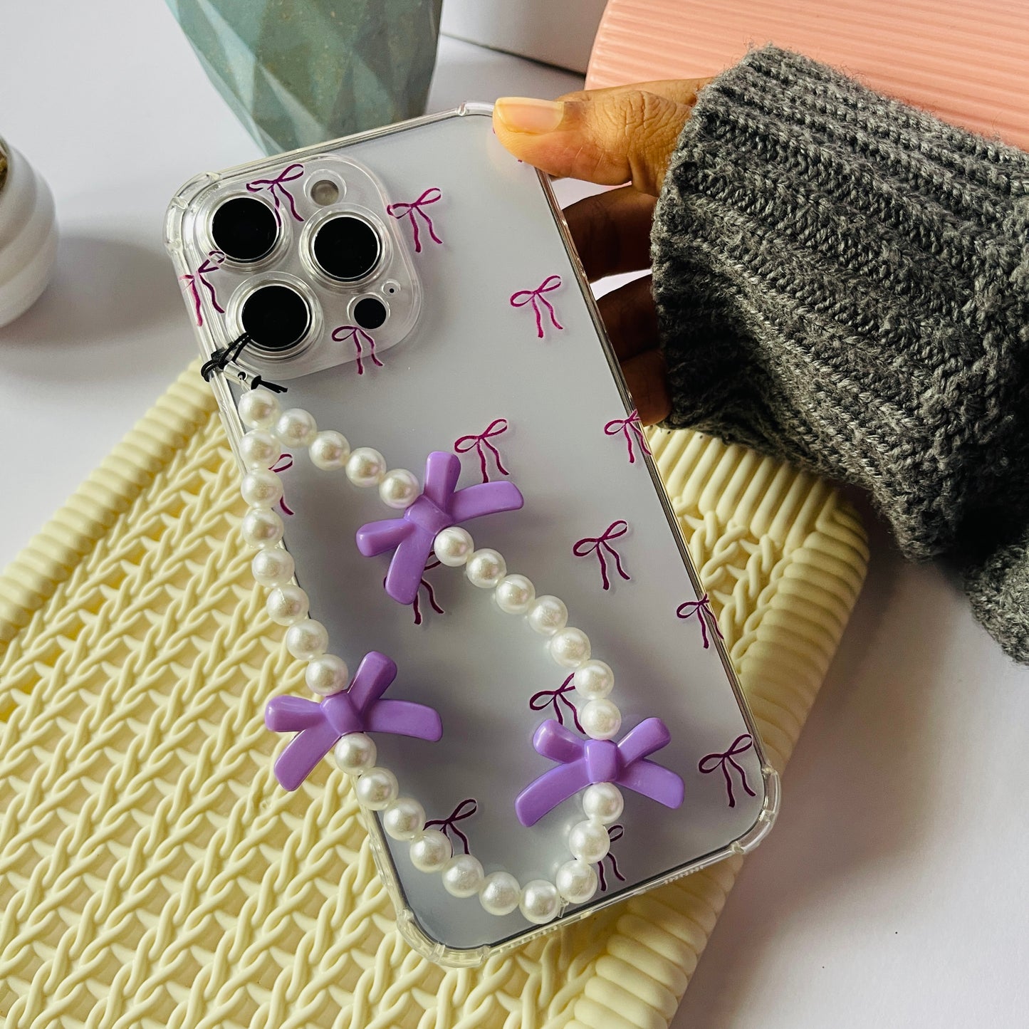 Purple Bow Clear Phone Case With Phone Charm