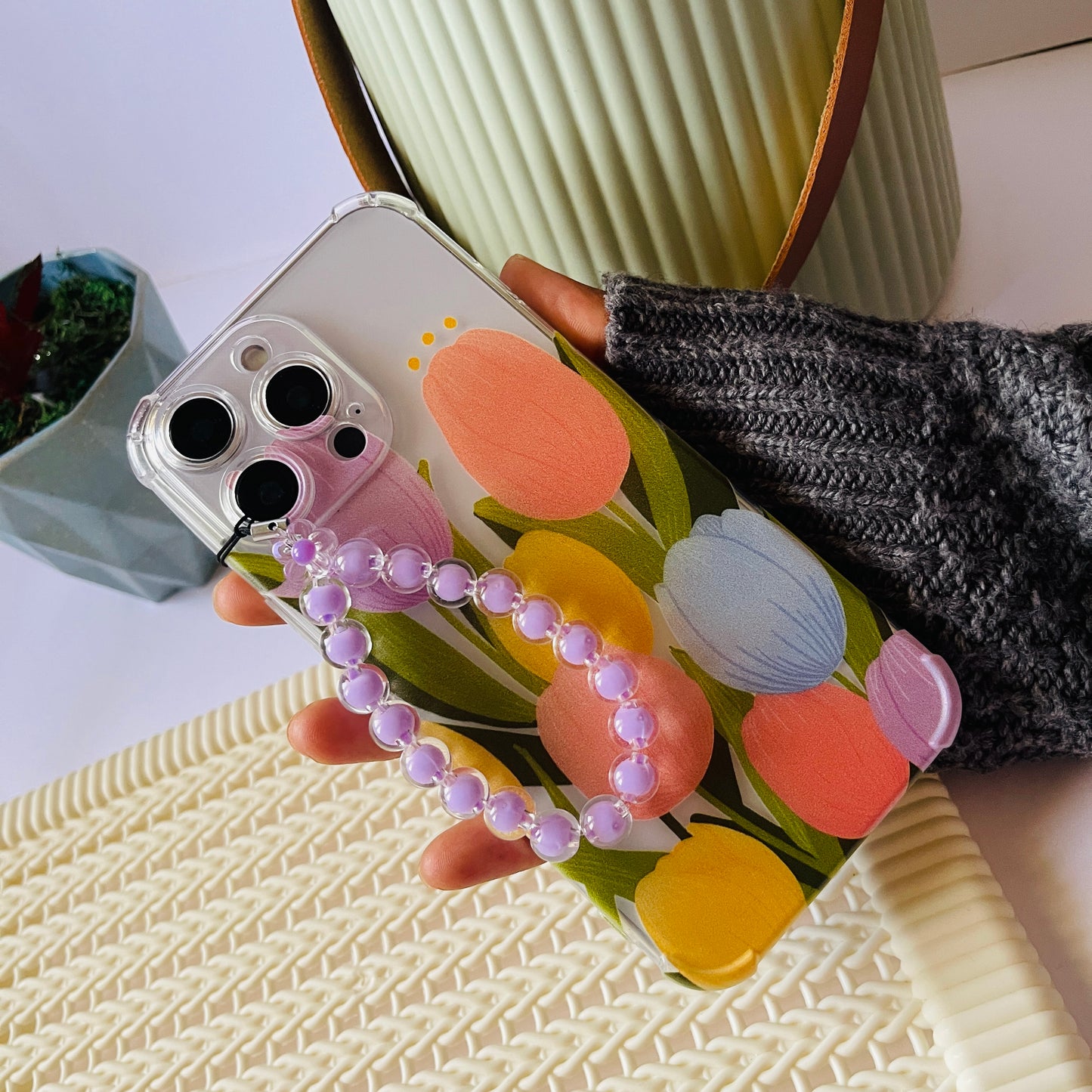 Pastel Tulips Clear Phone Case With Phone Charm