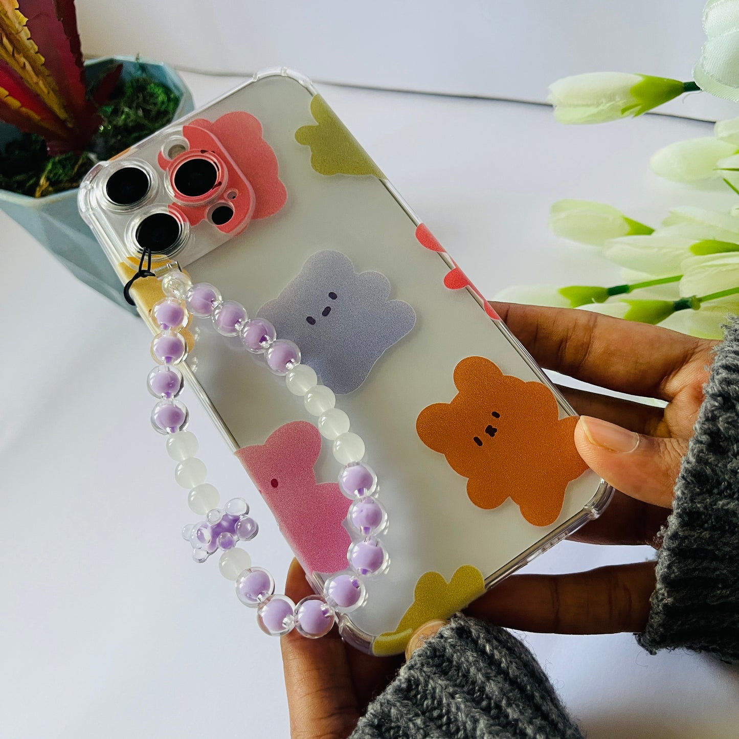 Pastel Bears Clear Phone Case With Phone Charm