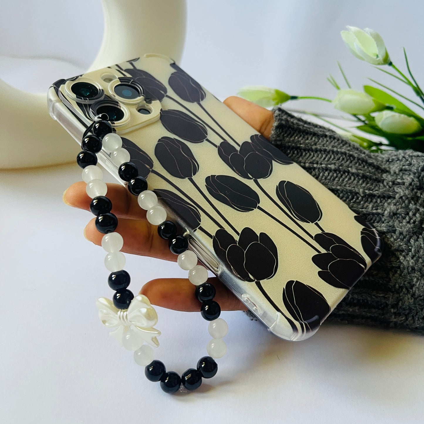 Black Tulip Phone Case With Phone Charm