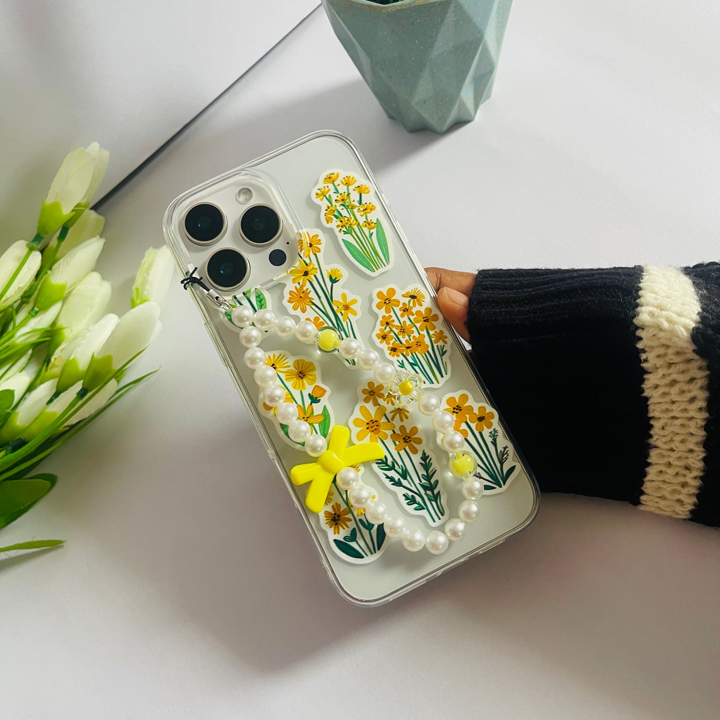 Yellow Florals Clear Phone Case With Phone Charm