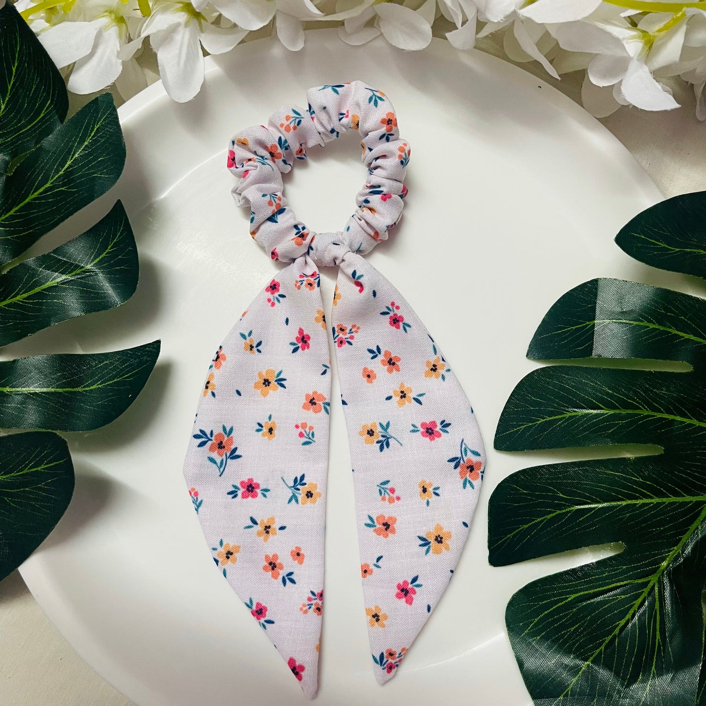 white Floral Printed scarf Scrunchies