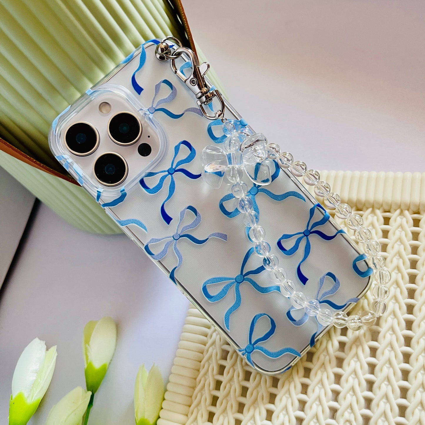Blue Bow Printed Chain Phone Case