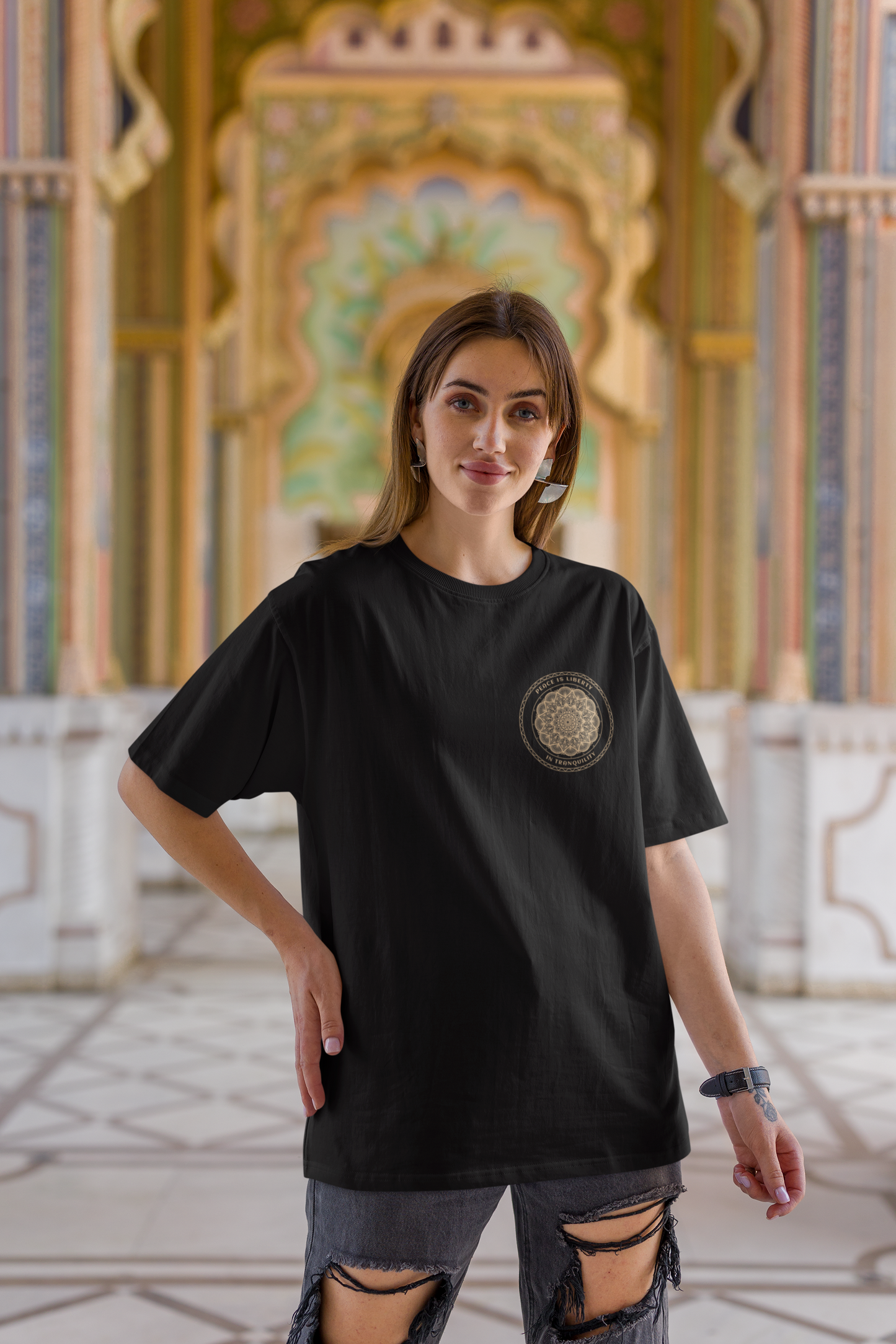 Peace Is Liberty In Tranquility Oversized Black Front and Back Printed Tshirt Unisex