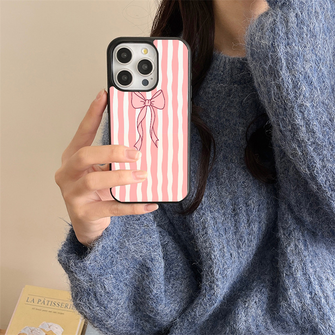 Stripe Peachy Bow Printed Protective Phone Case Back Cover
