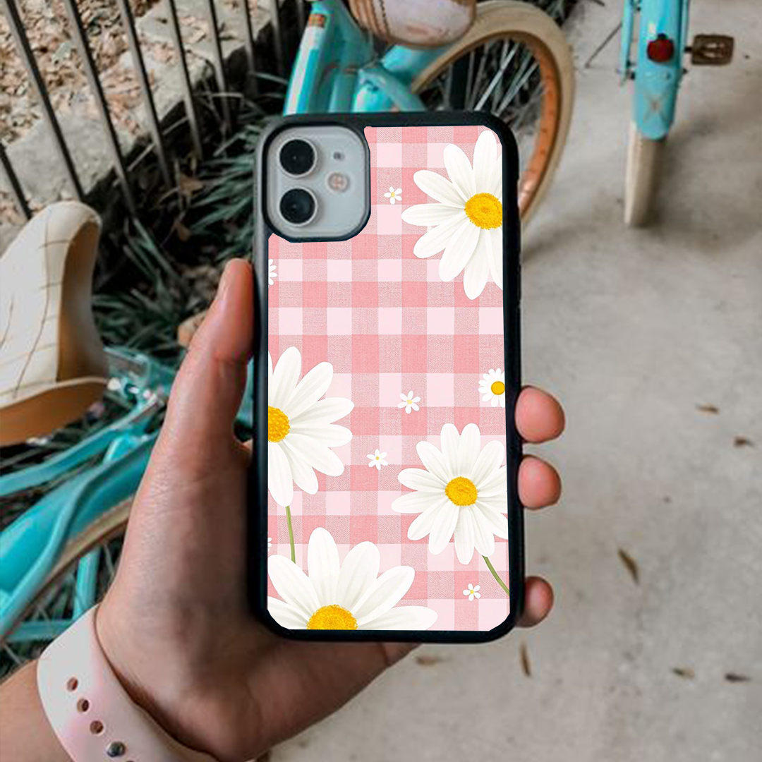 Checked Stripe Floral Glossy Protective Cases