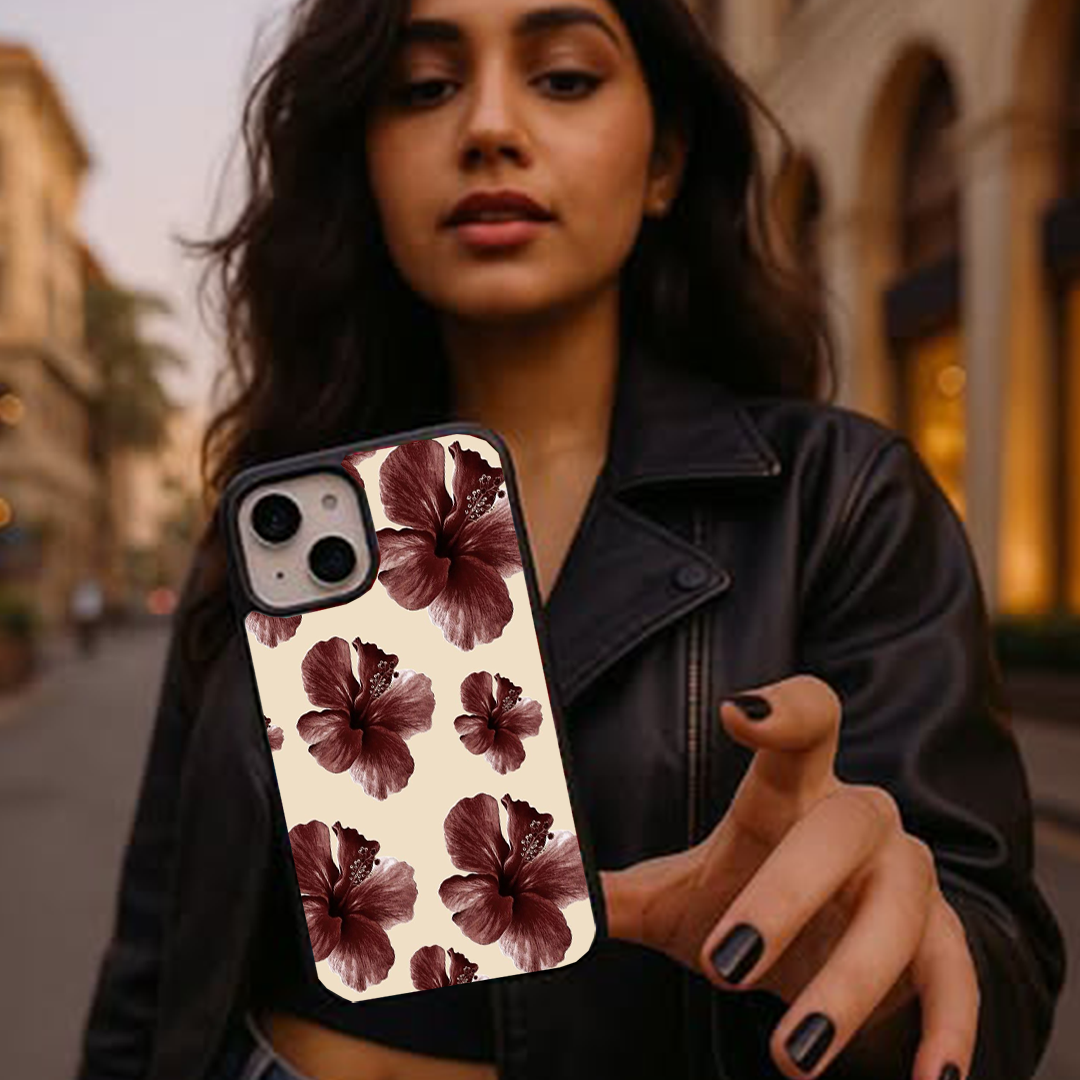 Retro Hybiscus Burgundy Printed Protective Case