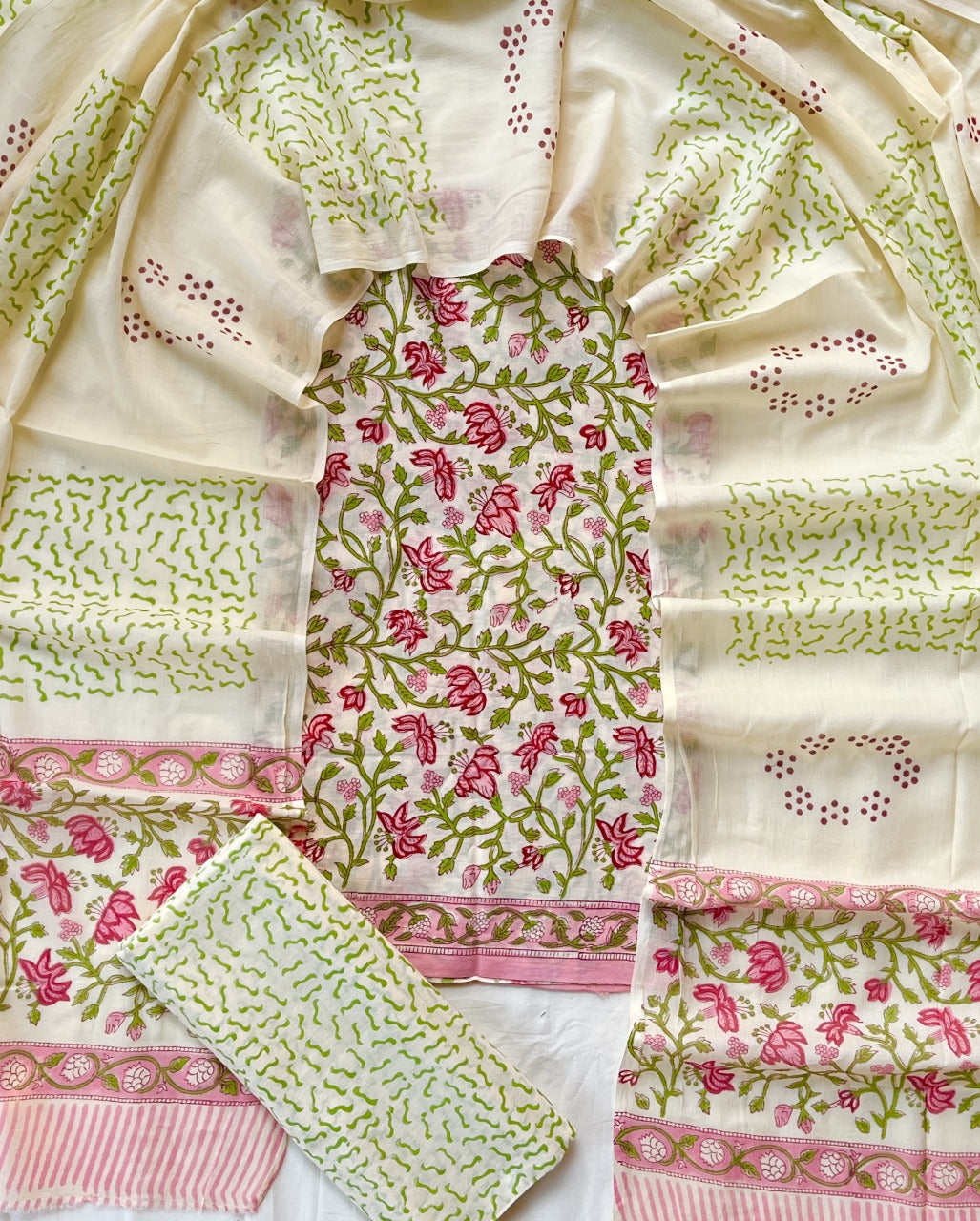 Hand Block Printed Cotton Suit With Cotton Dupatta