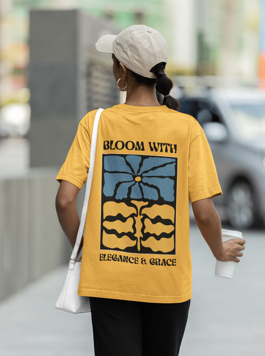 Bloom With Elegance And Grace Oversized Mustard Yellow Printed Tshirt Unisex