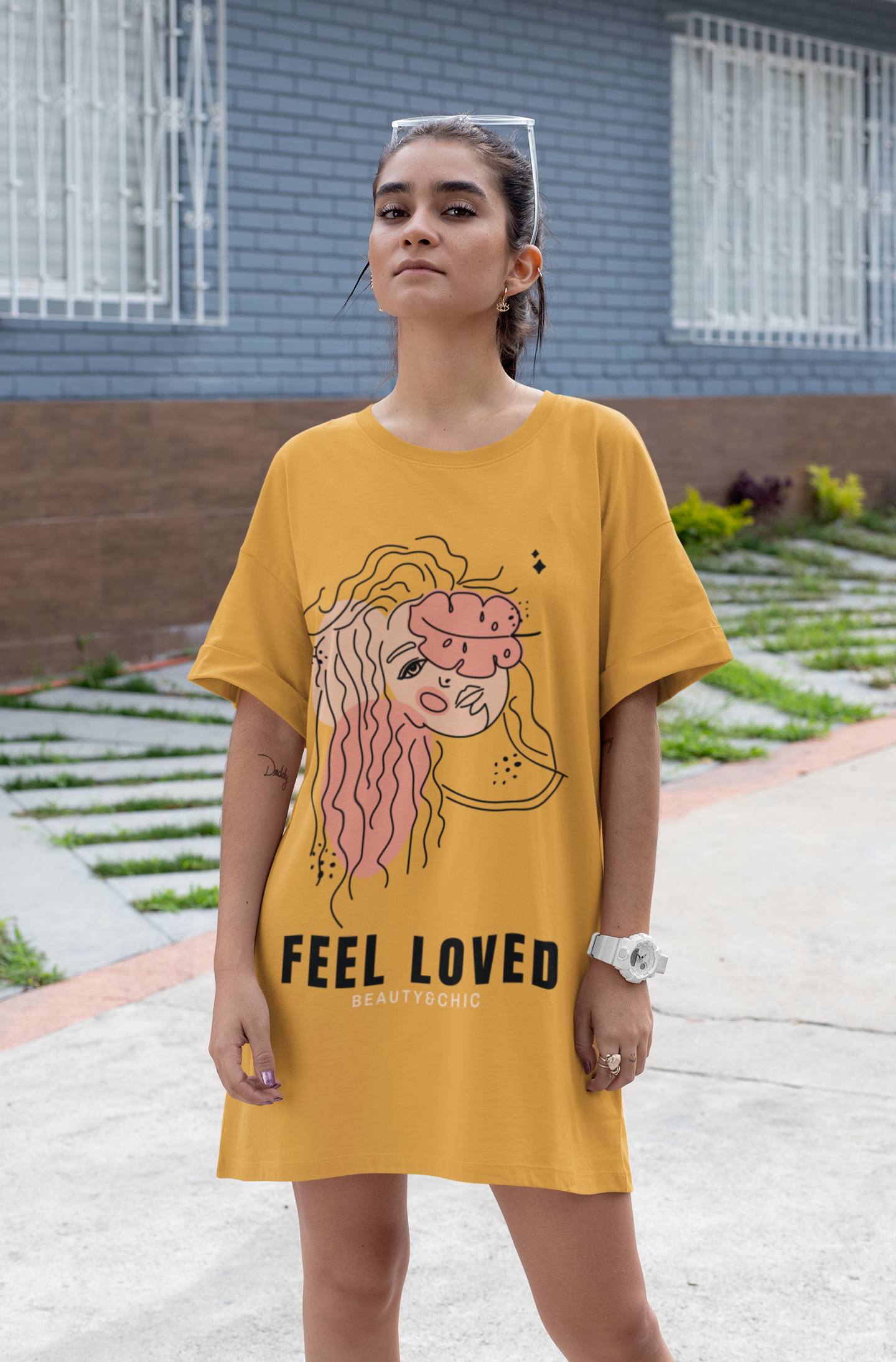 Feel Loved Printed Golden YELLOW T-shirt Dress