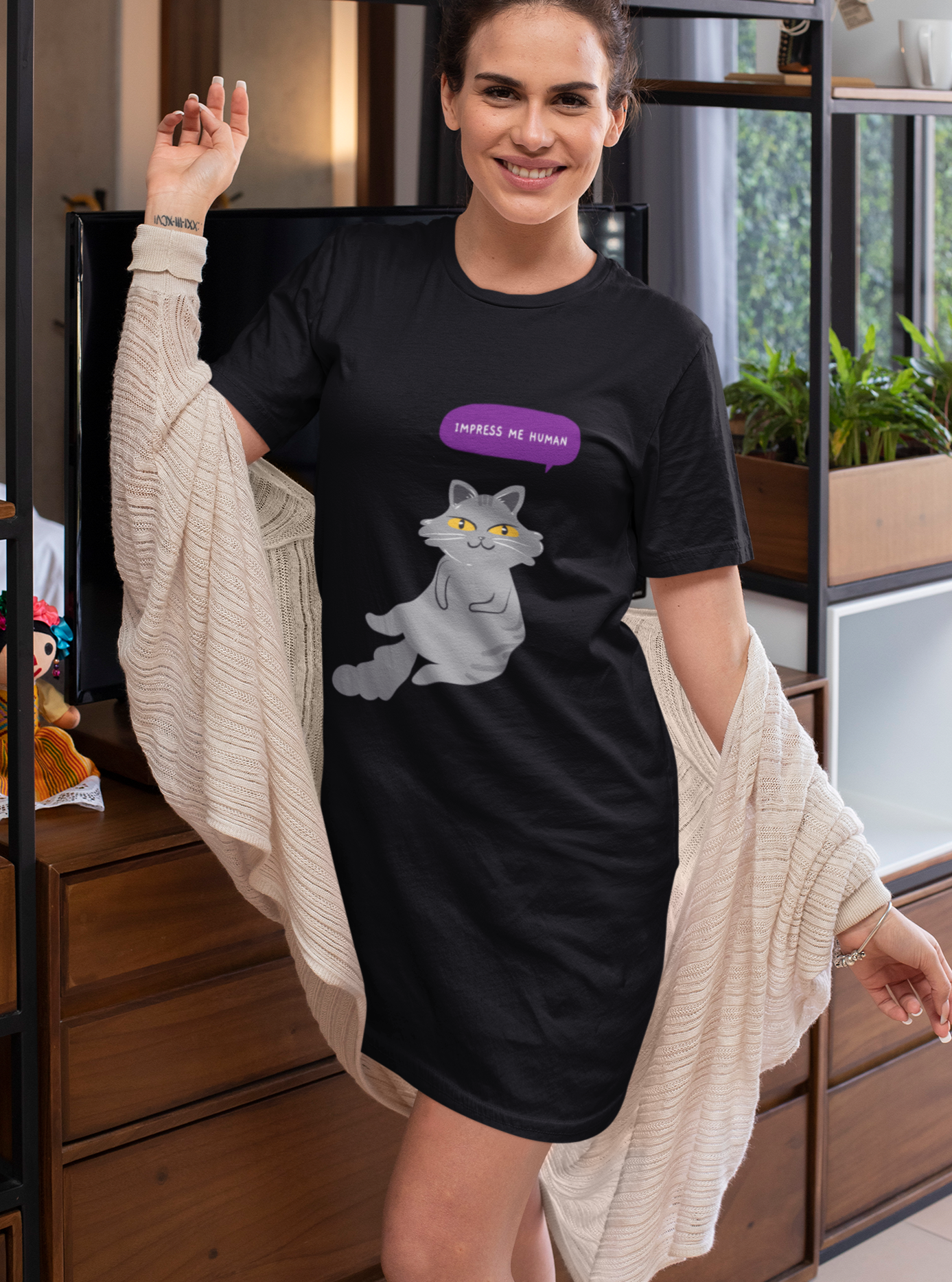 Impress me human Printed Black T-shirt Dress