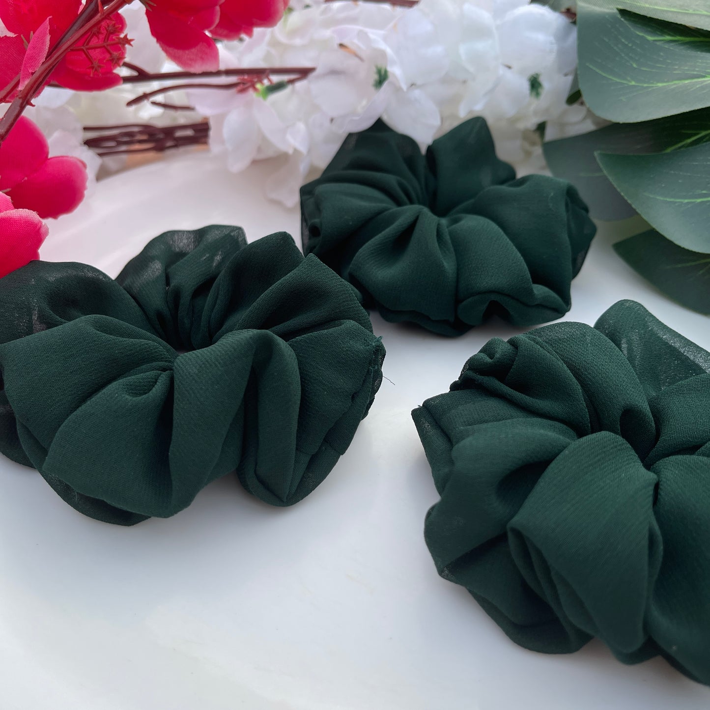 Dark Forest Green Georgette Scrunchies
