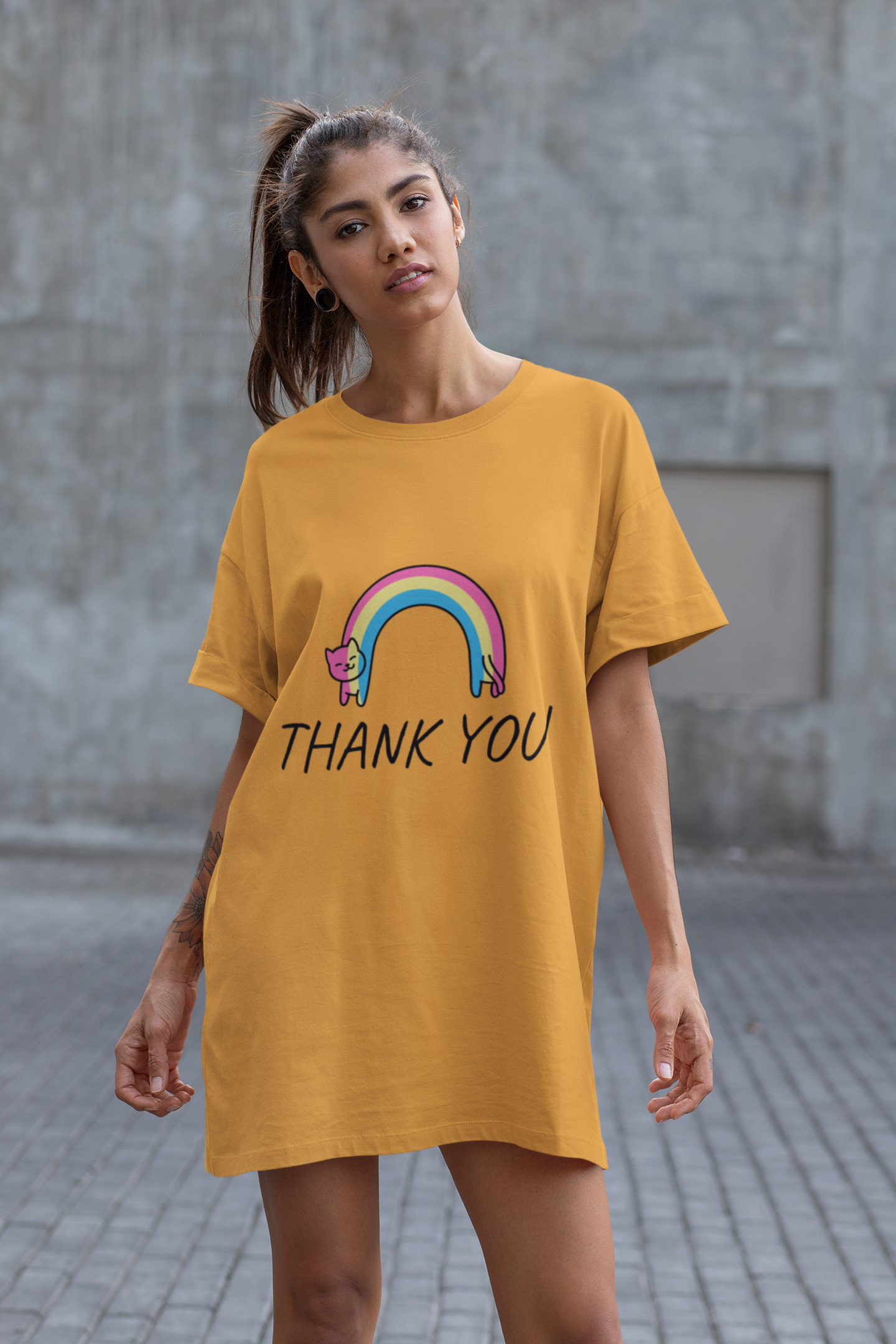 Thank You Printed Golden Yellow T-shirt Dress
