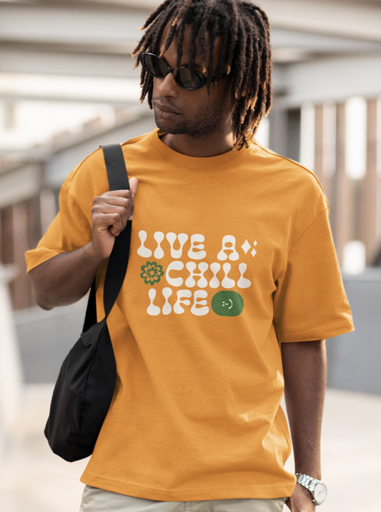Live A Chill Life Oversized Golden Yellow Printed Tshirt Unisex