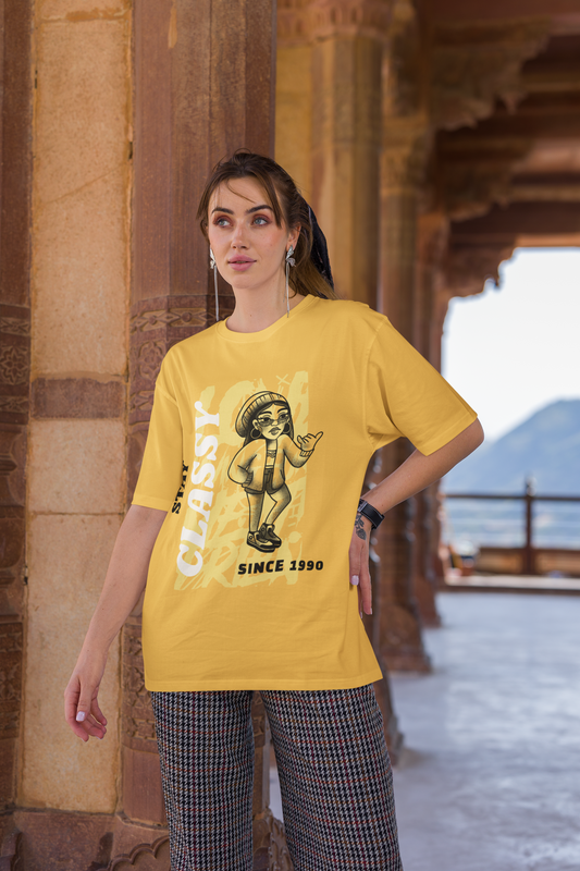 Stay Classy Since 1990'S Oversized Mustard yellow Printed Tshirt Unisex