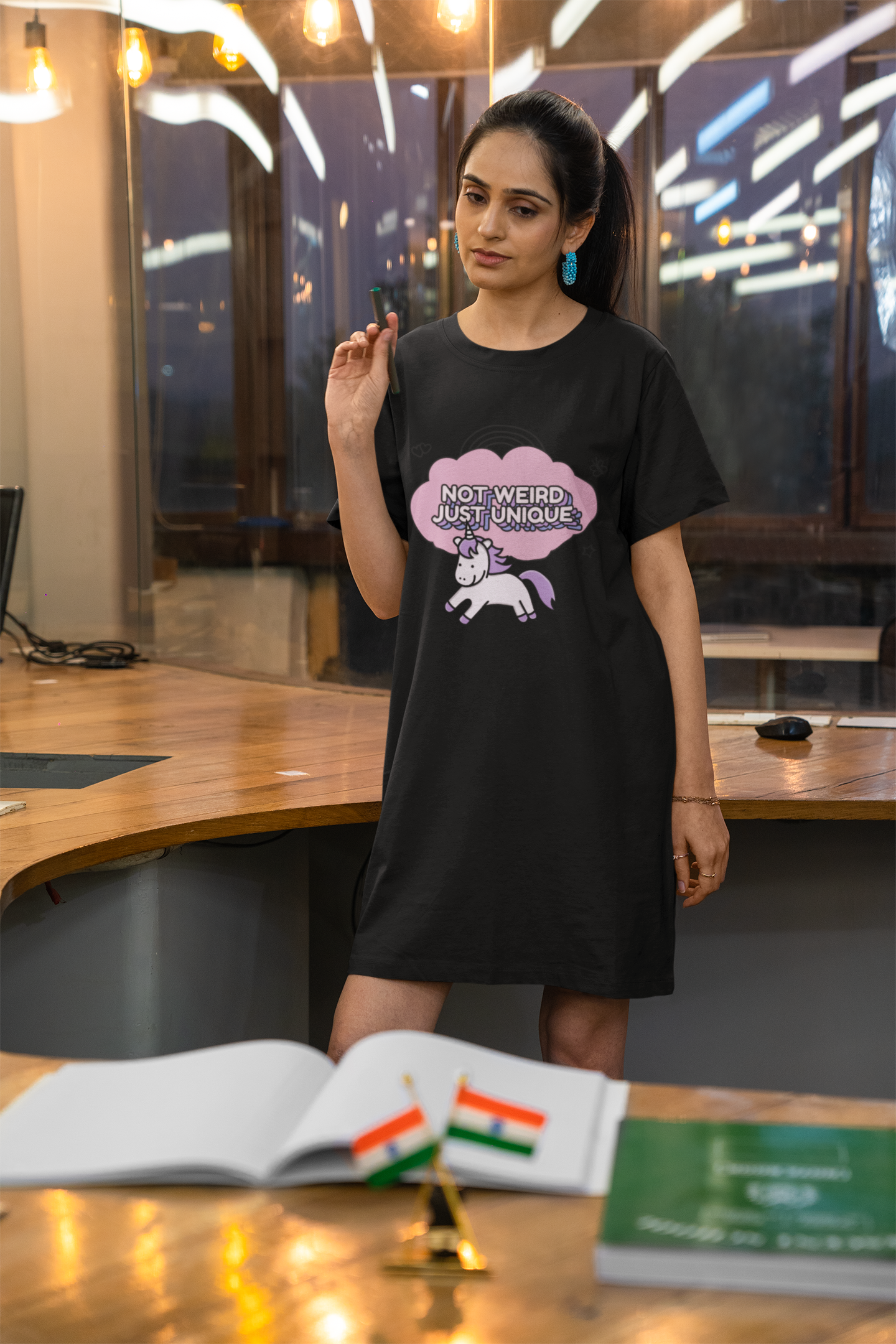 Not Weird Just Unique Printed Black T-shirt Dress