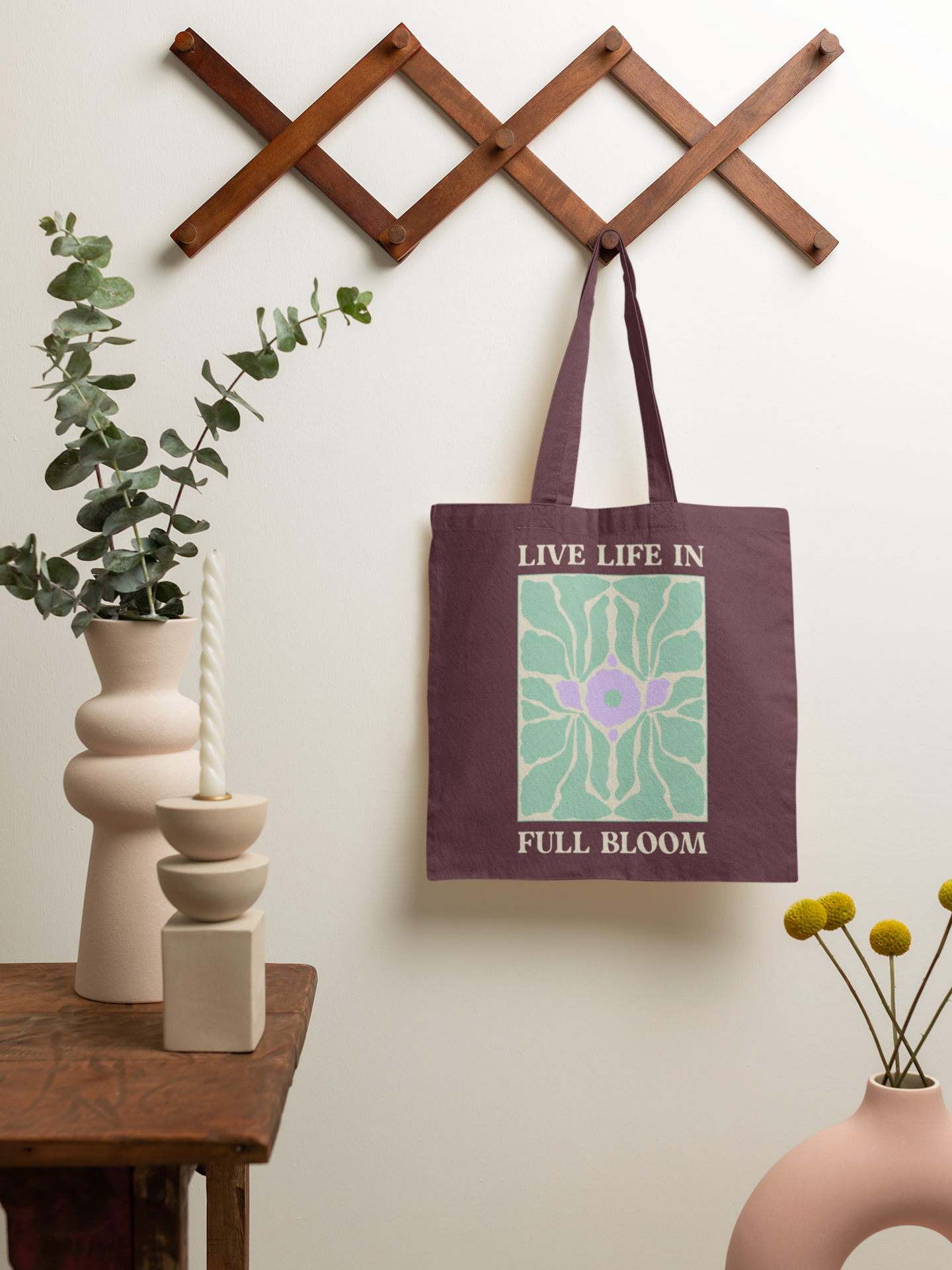 Live Life in Full Bloom Printed Maroon Tote Bag