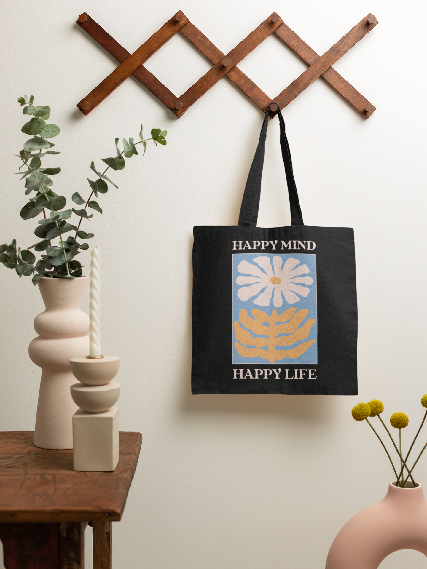 Happy Mind Happy Life Printed Black Tote Bag