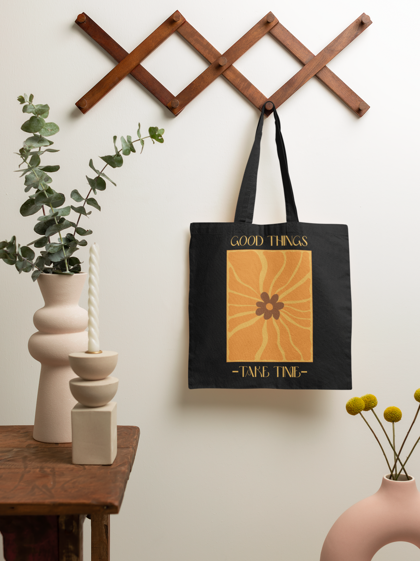 Good Things Take Time Printed Black Tote Bag