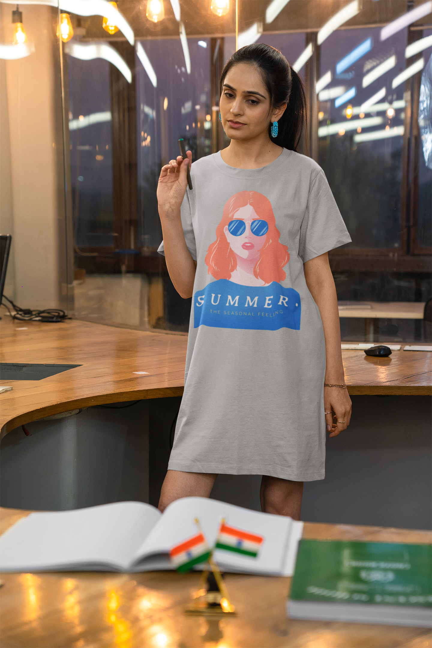 Summer the seasonal feeling Printed grey melange T-shirt Dress