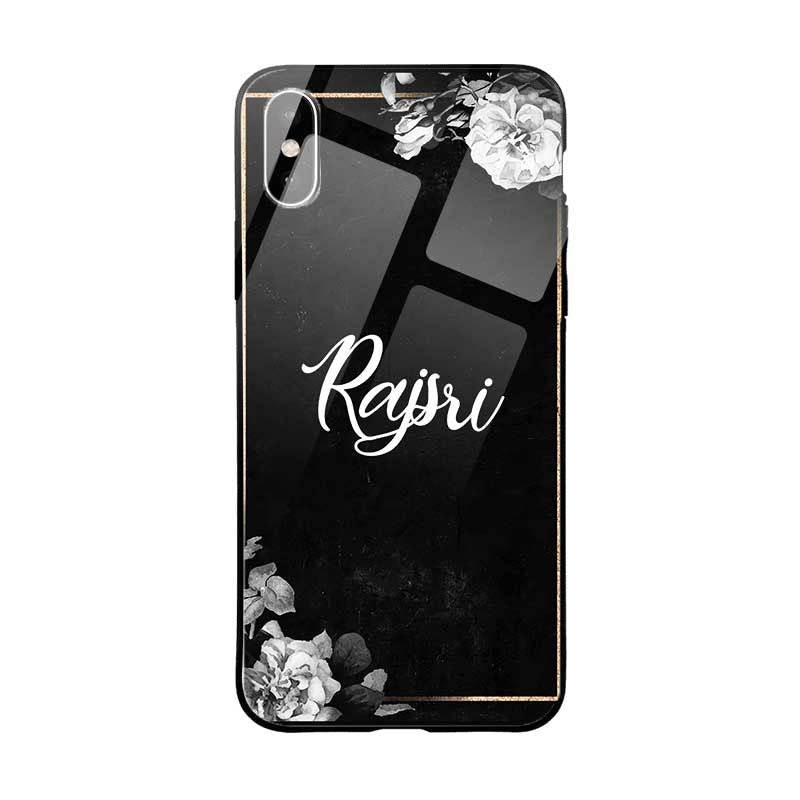 Glossy Protective Case With Black Floral Frame Name