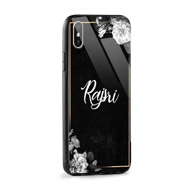 Glossy Protective Case With Black Floral Frame Name