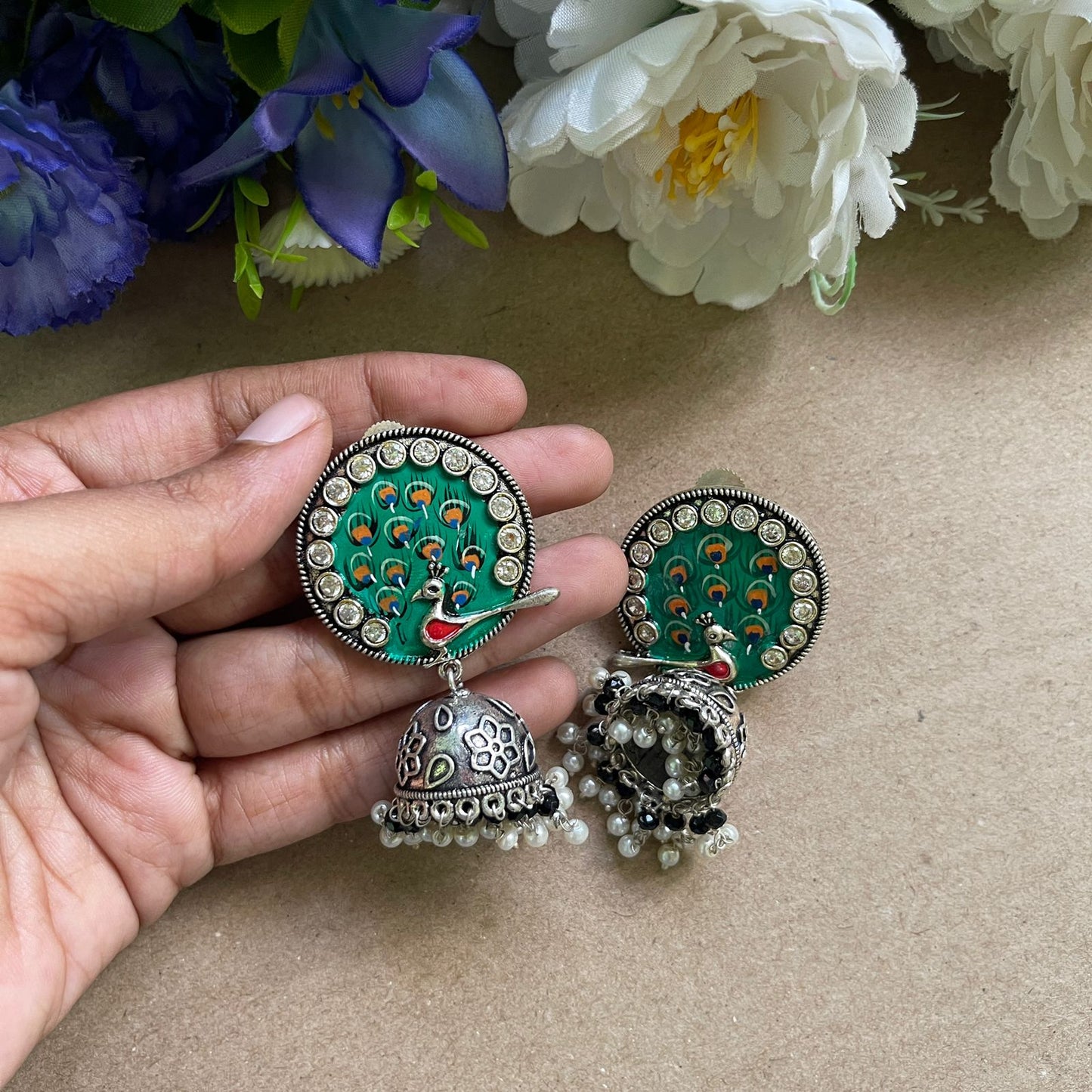 Green Peacock Oxidised Earring