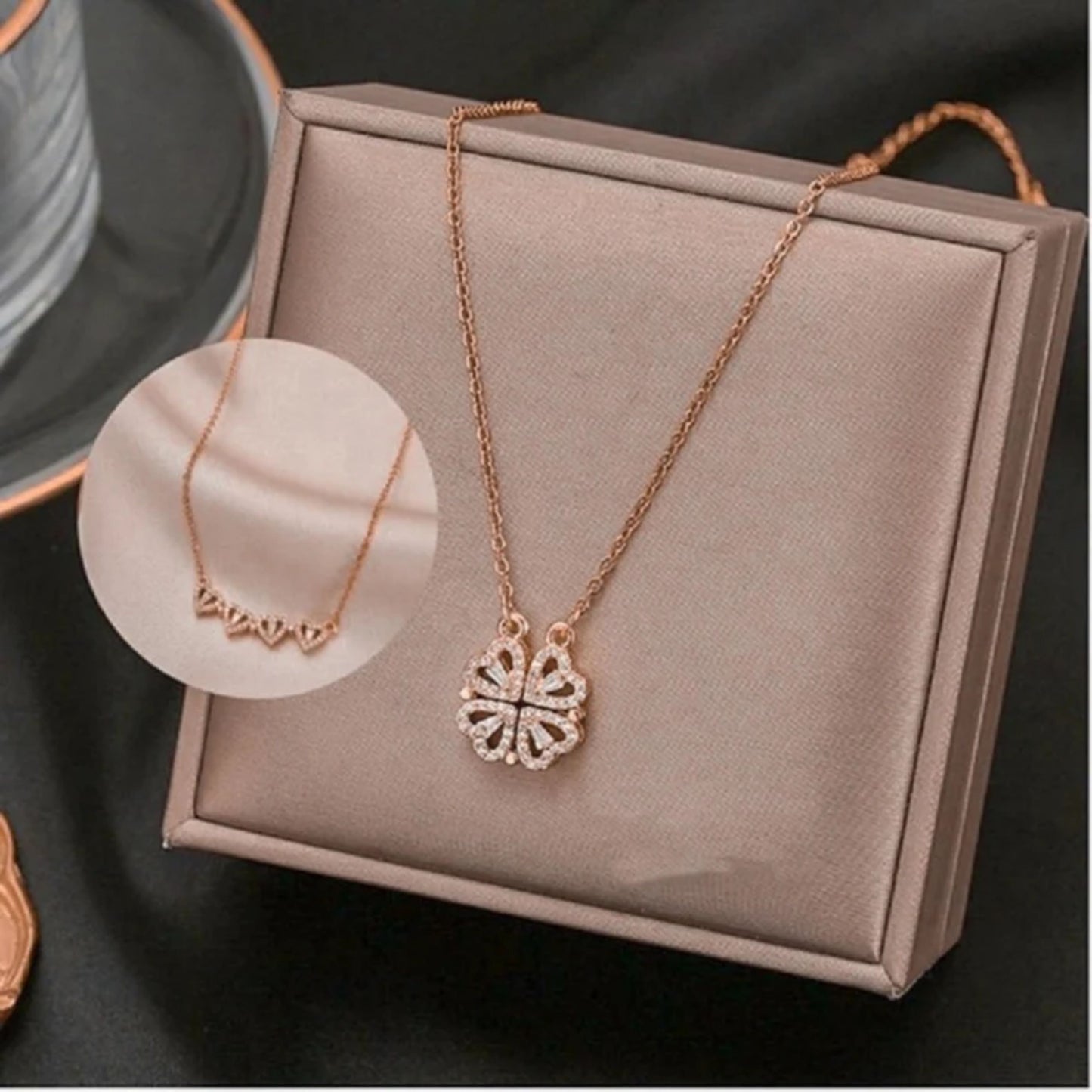 Four Love Hearts Pendant Necklace rose Diamond Leaf Clover Heart Necklaces