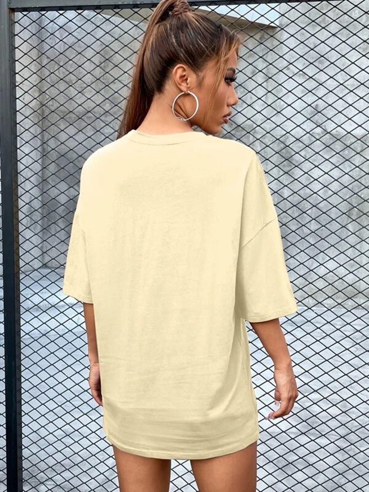 Popster Yellow Printed Cotton Round Neck oversized Fit Half Sleeve Womens T-Shirt