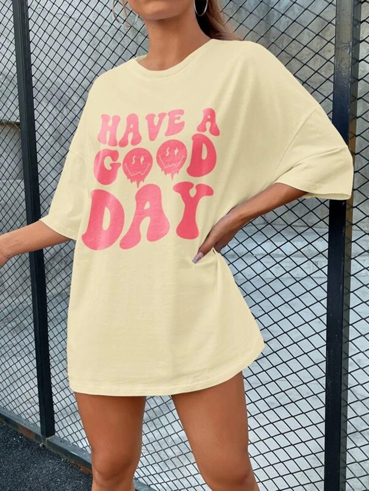 Popster Yellow Printed Cotton Round Neck oversized Fit Half Sleeve Womens T-Shirt