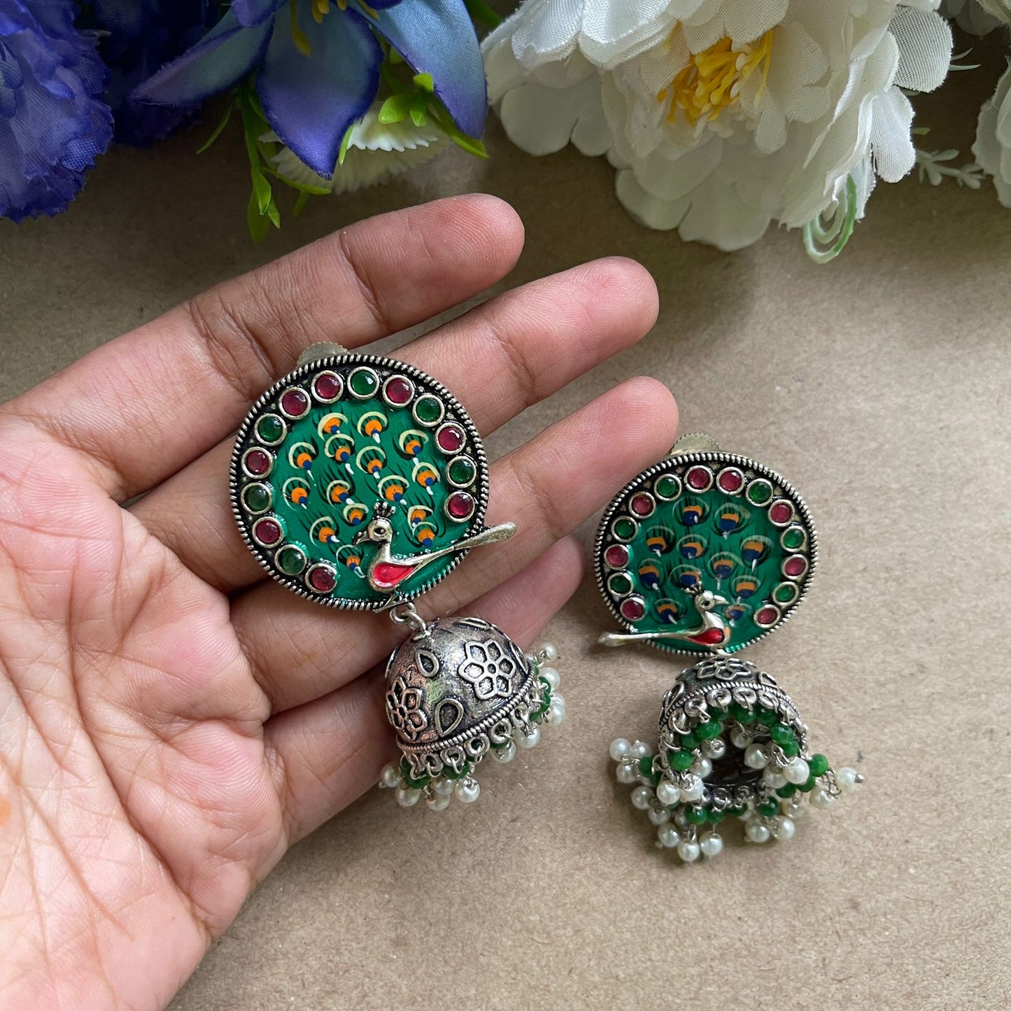 Green Peacock Oxidised Earring