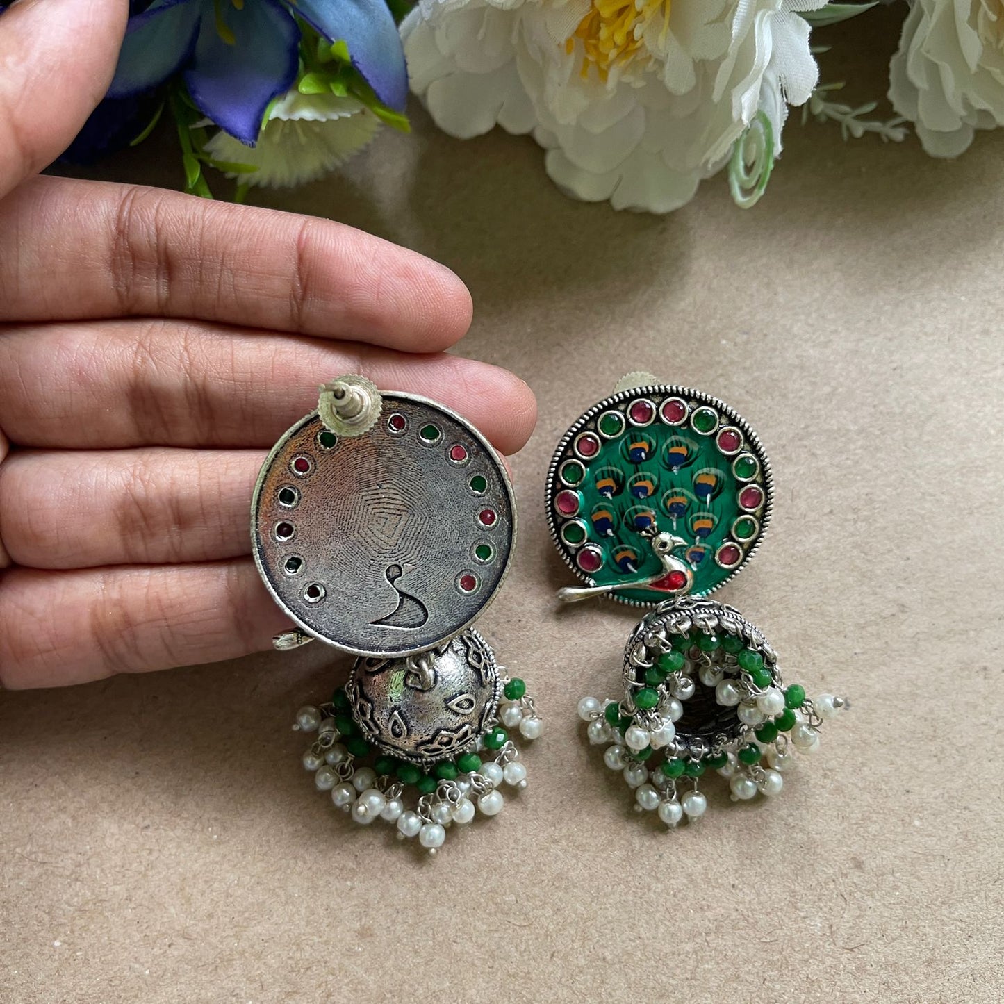 Green Peacock Oxidised Earring