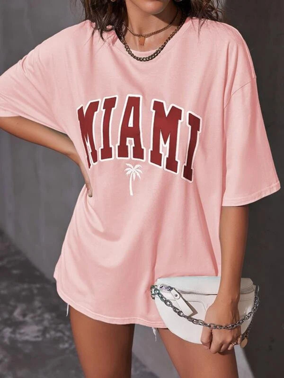 Popster pink Printed Cotton Round Neck oversized Fit Half Sleeve Womens T-Shirt