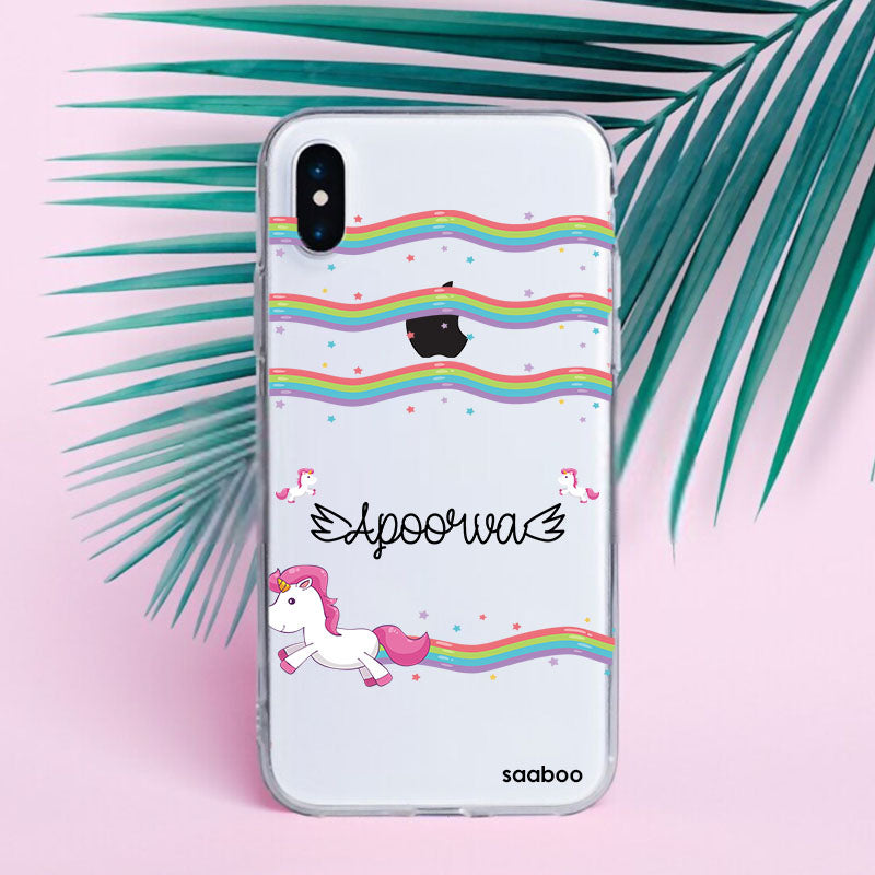 Transparent Silicone case with Rainbow Wave Unicorn Name