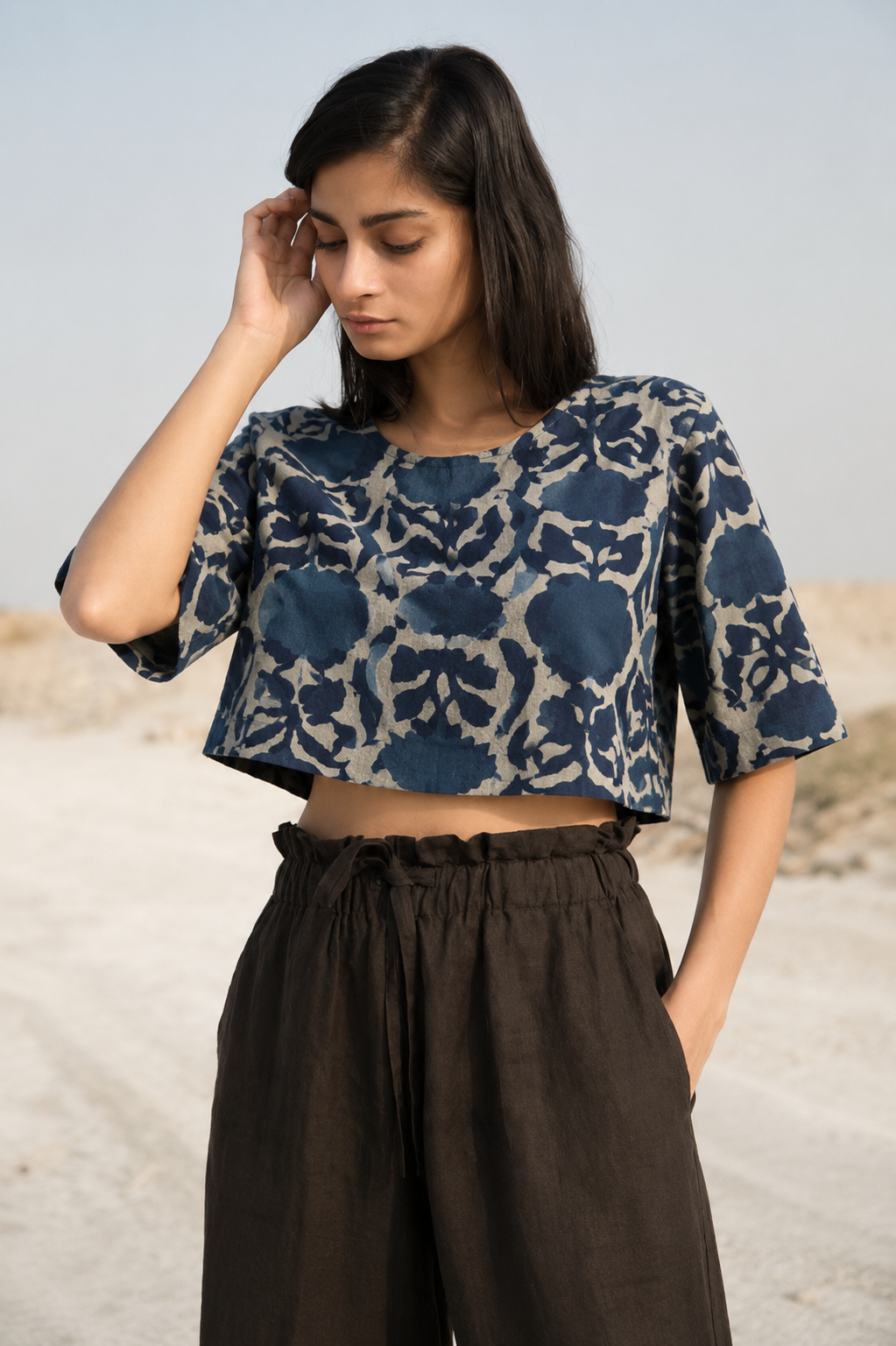Pure Indigo Cotton Boxy Round Neck Crop Top