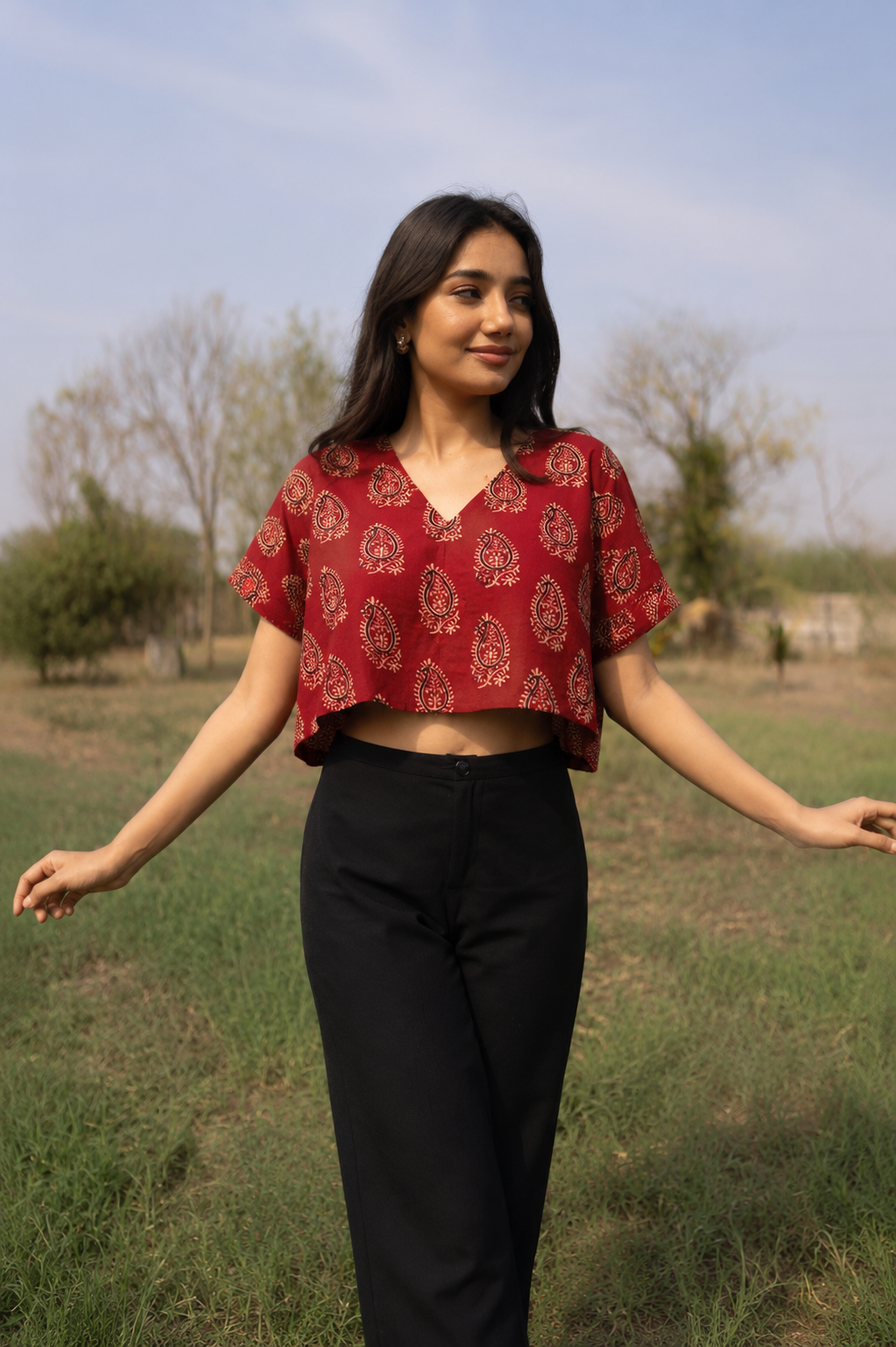 Pure Ajrakh Cotton Boxy V-Neck Crop Top