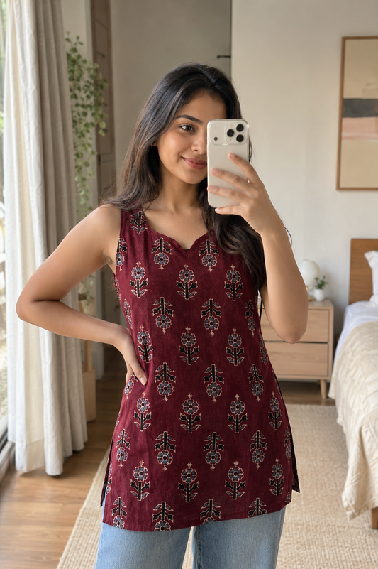 Hand Block Printed Premium Cotton Sleeveless Kurti